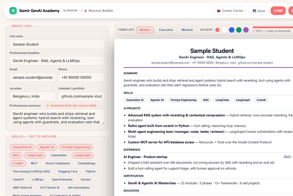 Resume Builder, filled from your labs